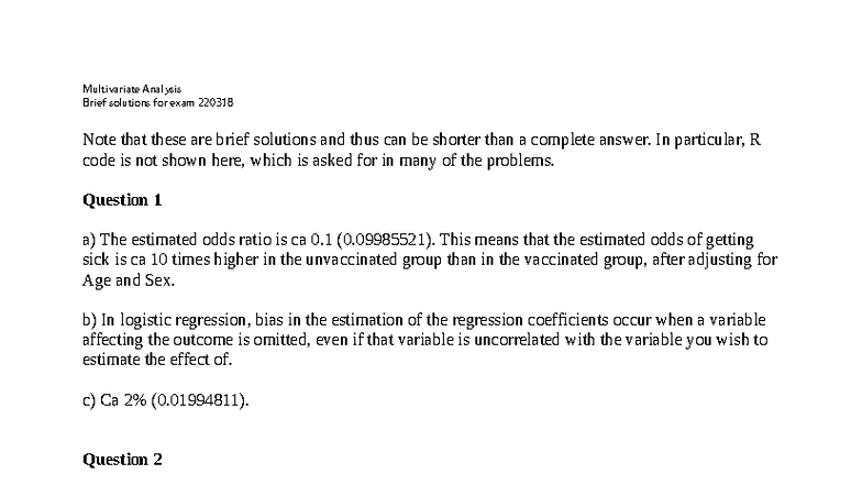 Multivariate Analysis Exam 220318: Brief Solutions and Insights - Studocu