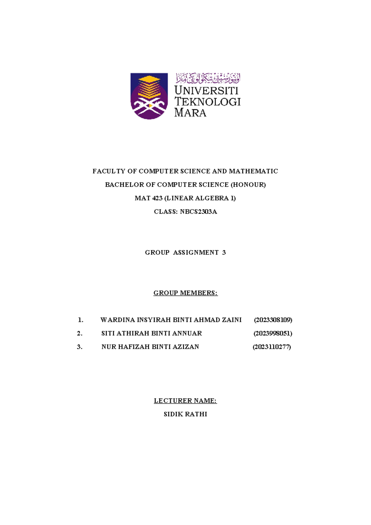 MAT423 ASSIGNMENT - Linear Algebra - FACULTY OF COMPUTER SCIENCE AND ...