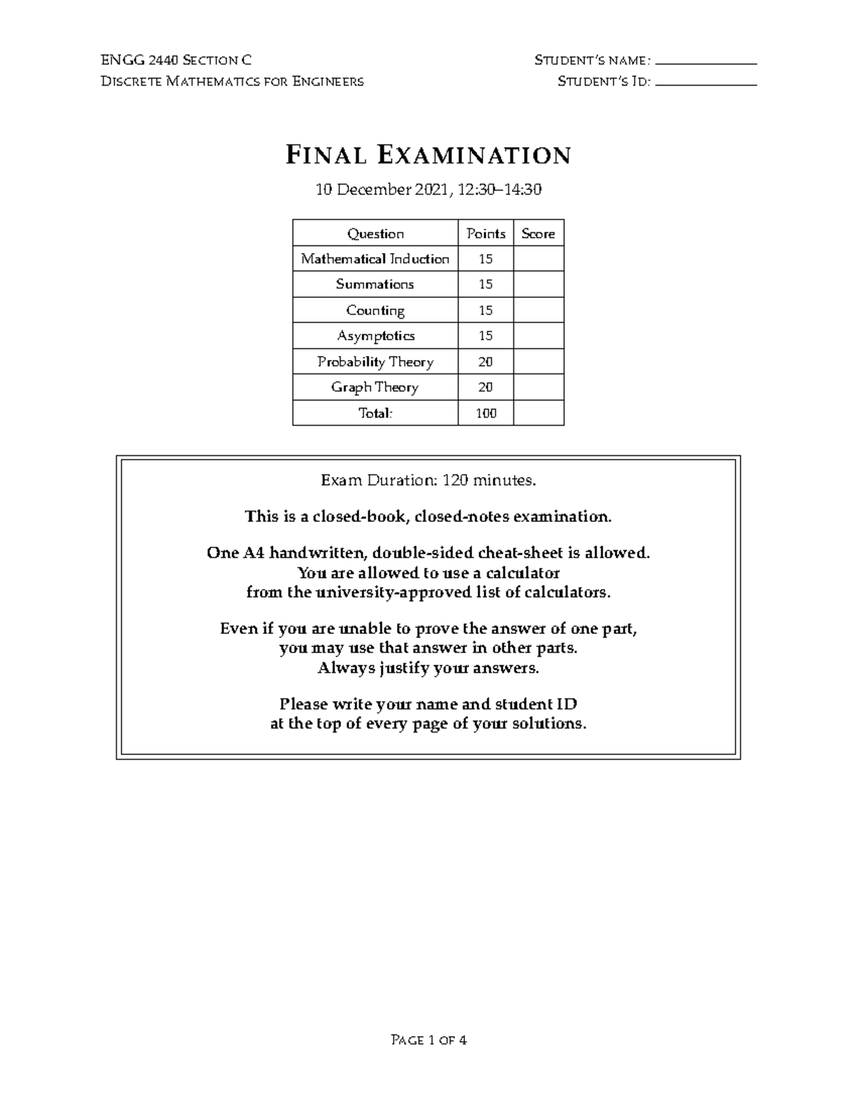 ENGG 2440 Fall 2021 Final Exam: Discrete Mathematics for Engineers ...