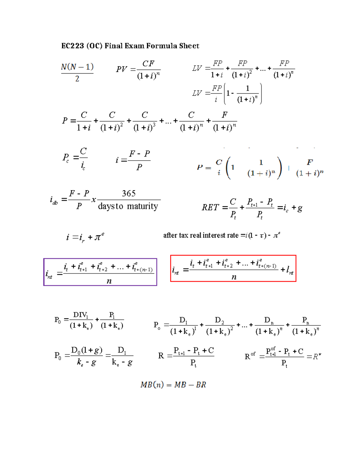EC223 (OC) Final Exam formula sheet for W2025 - Studocu