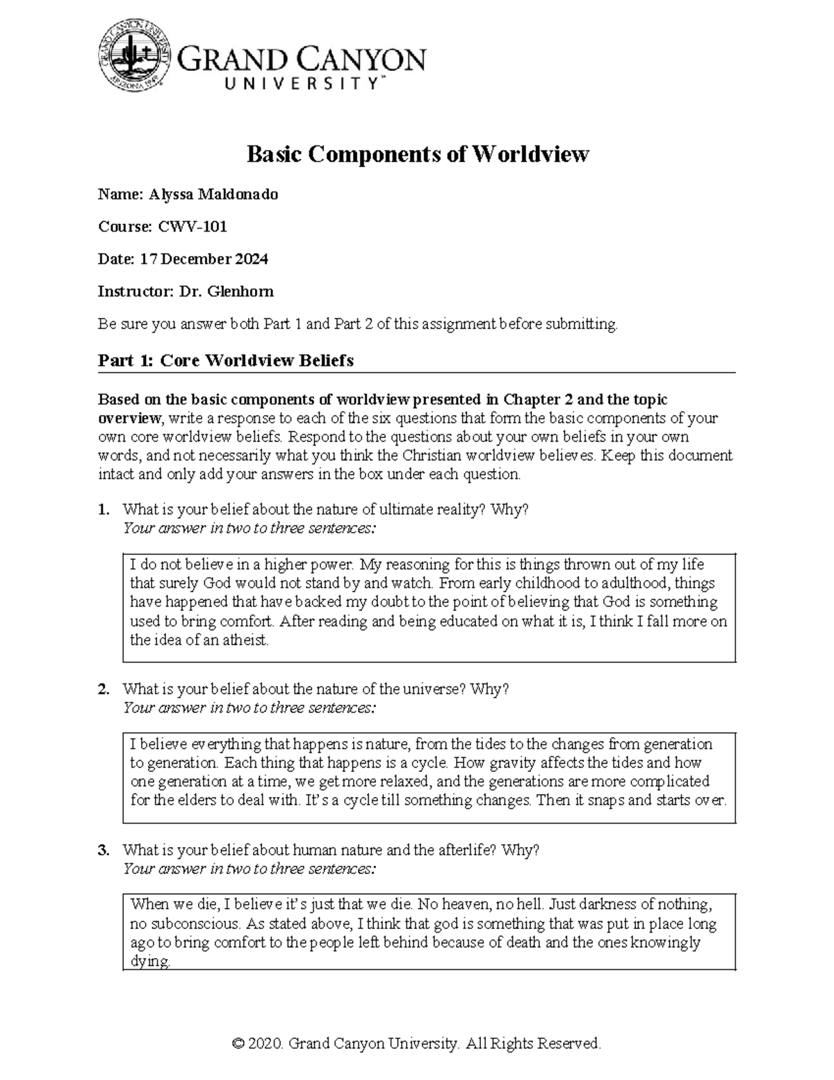 Cwv topic 1 assignment 1 - Basic Components of Worldview Name: Alyssa ...