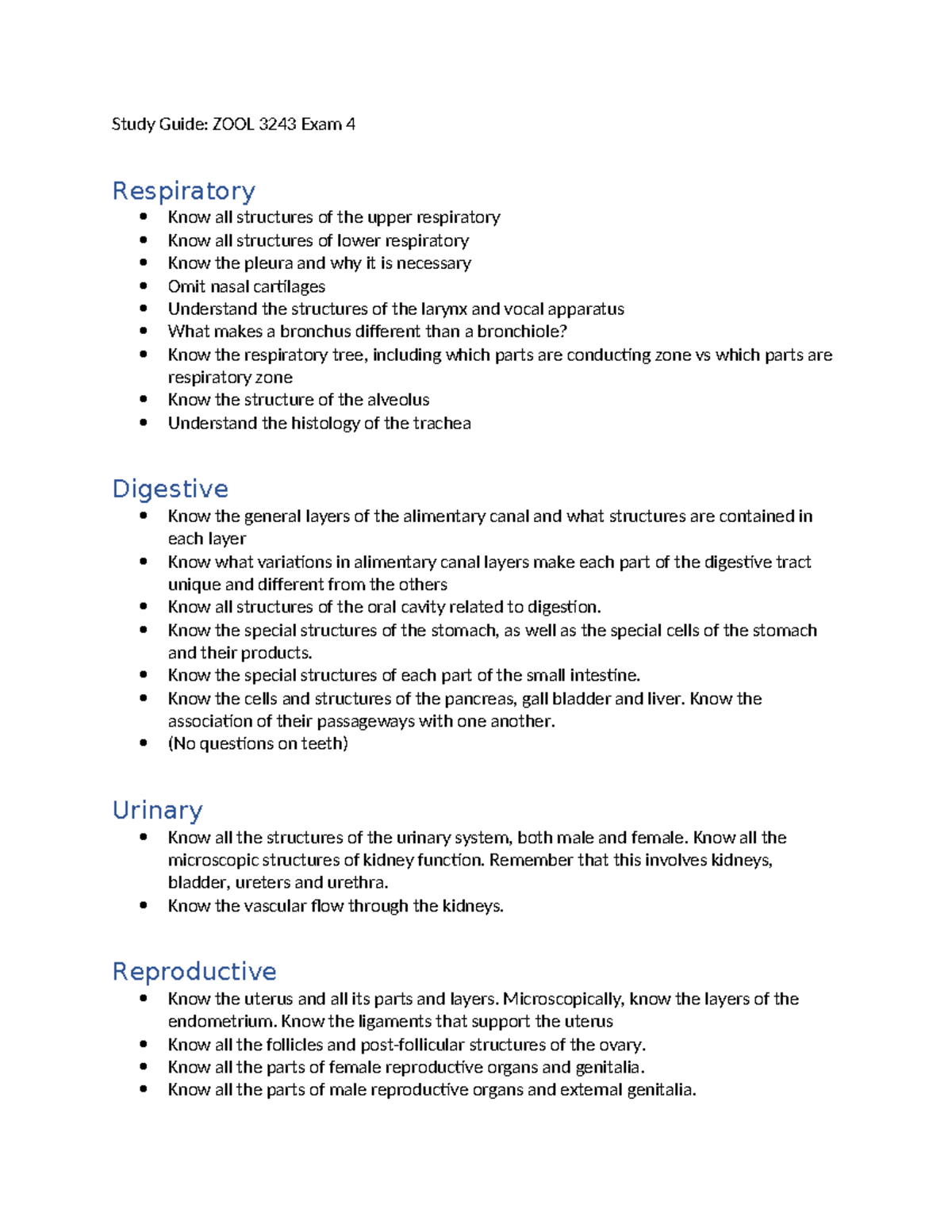 Study Guide: ZOOL 3243 Final Exam Overview on Body Systems - Studocu