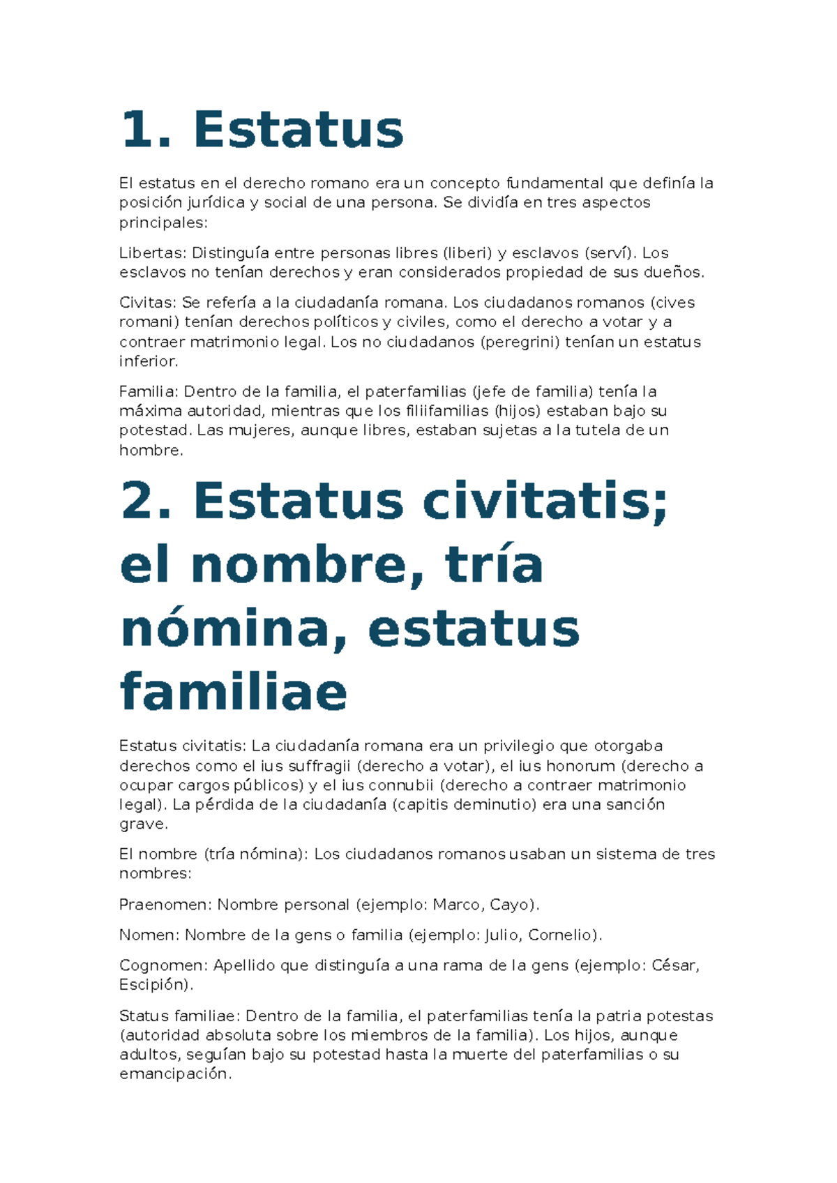 Tarea 1 - Apuntes sobre el Estatus en el Derecho Romano - Studocu
