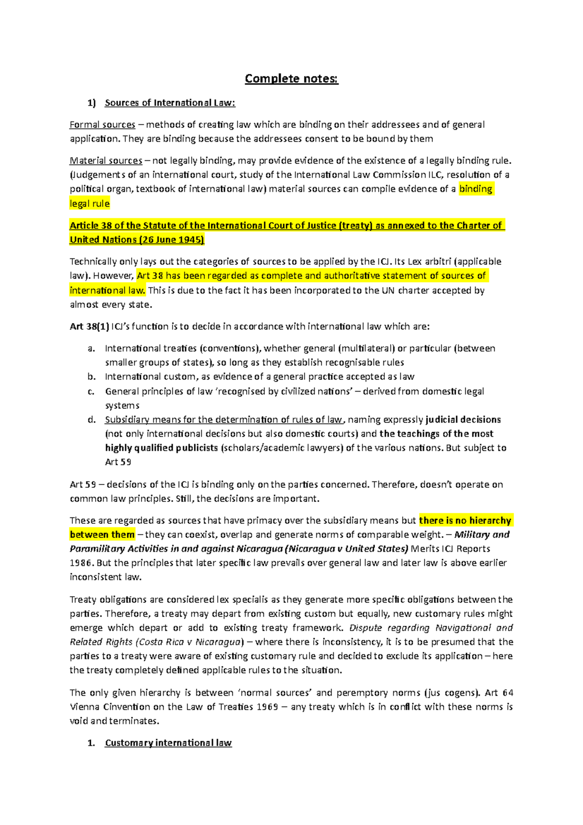 PIL 101: Comprehensive Notes on Sources of International Law - Studeersnel