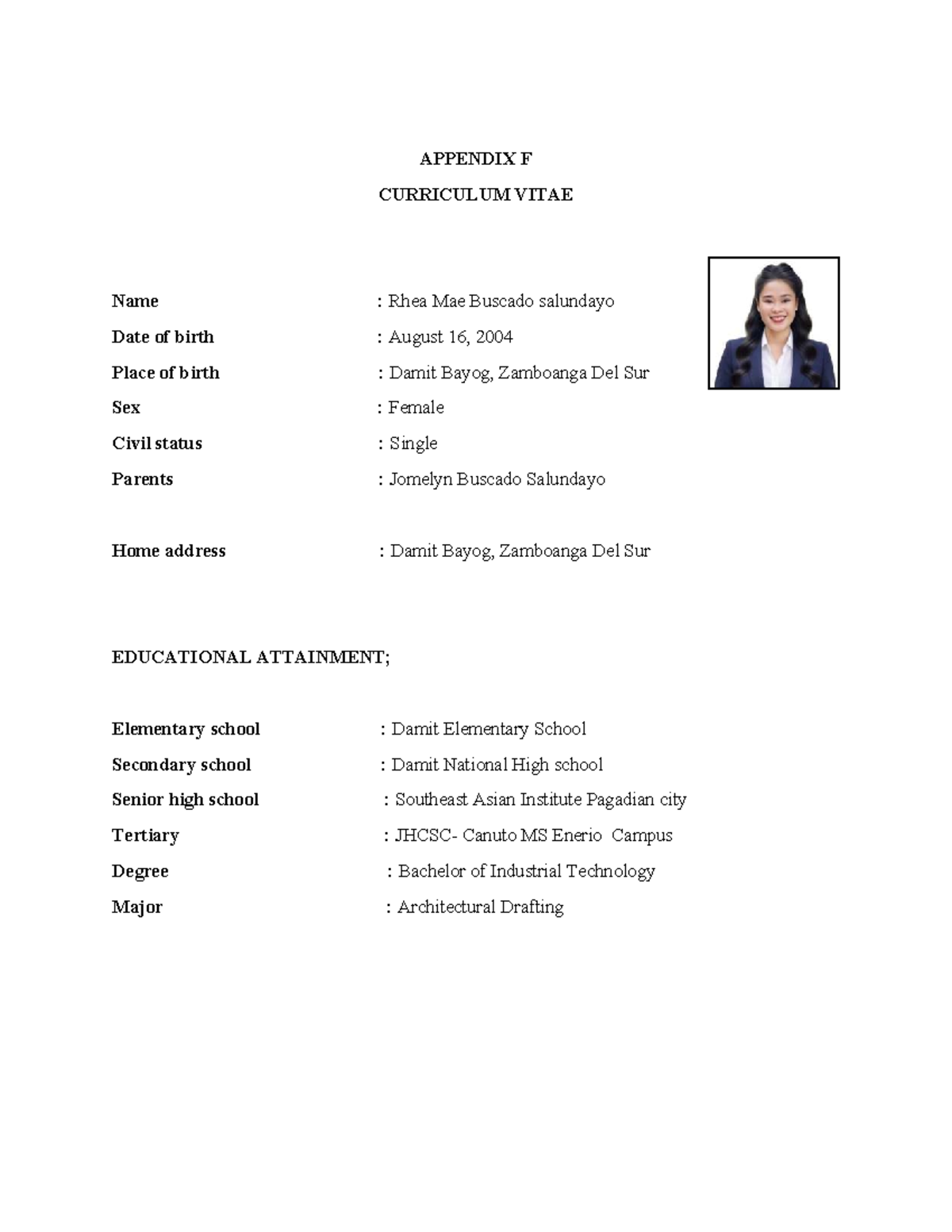 Salundayao- Curriculum- Vitae - APPENDIX F CURRICULUM VITAE Name : Rhea ...
