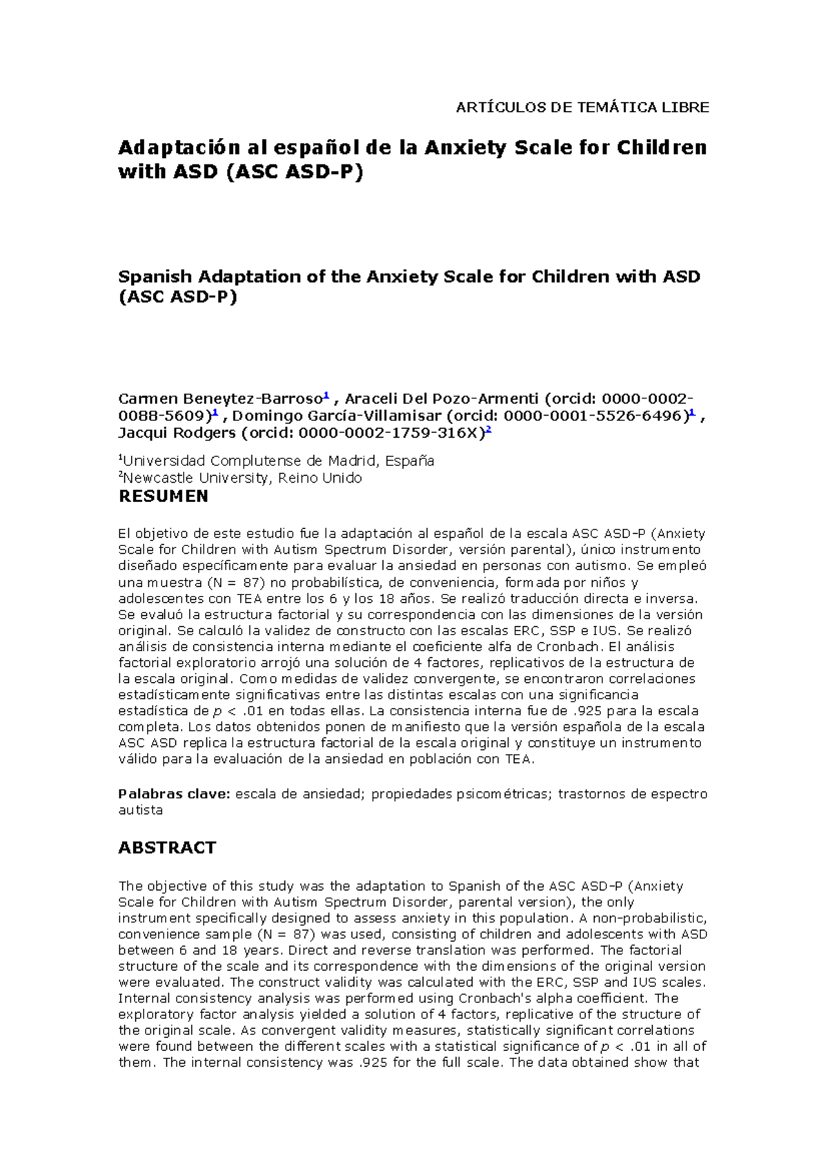 Adaptación en español de la ASC ASD-P: Escala de Ansiedad Infantil ...