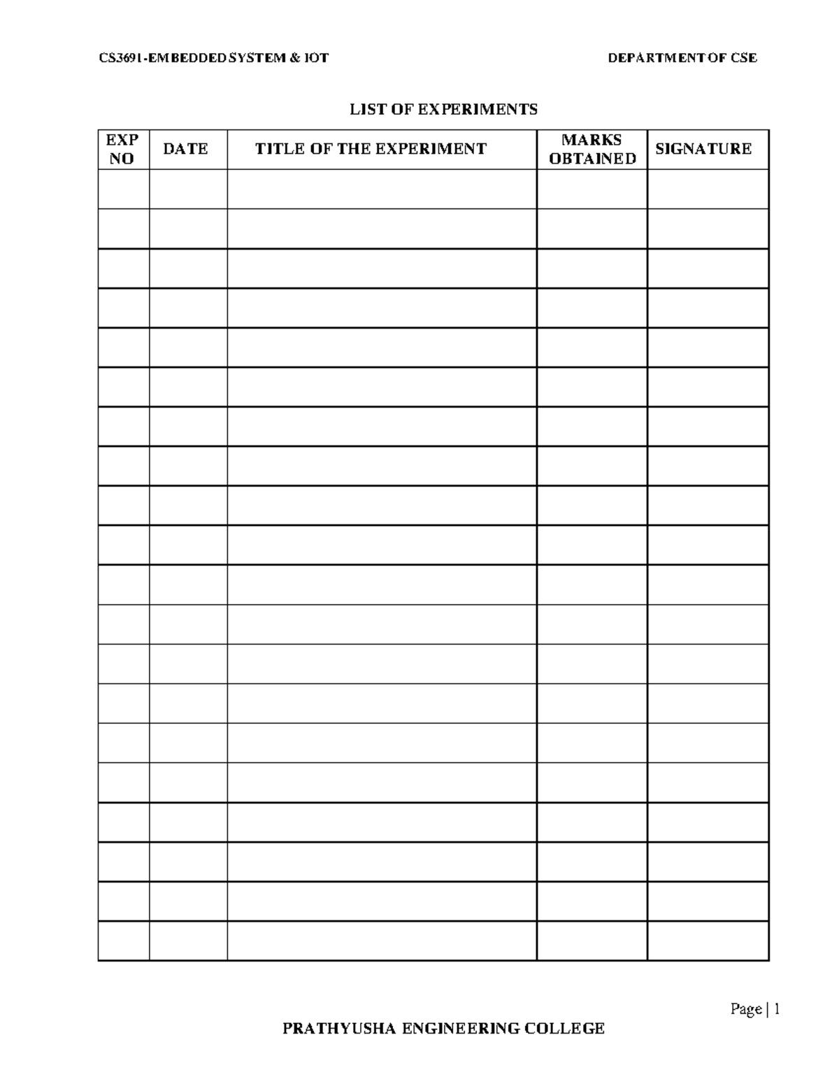CS3691 Embedded System & IOT lab manual - Page | 1 LIST OF EXPERIMENTS ...