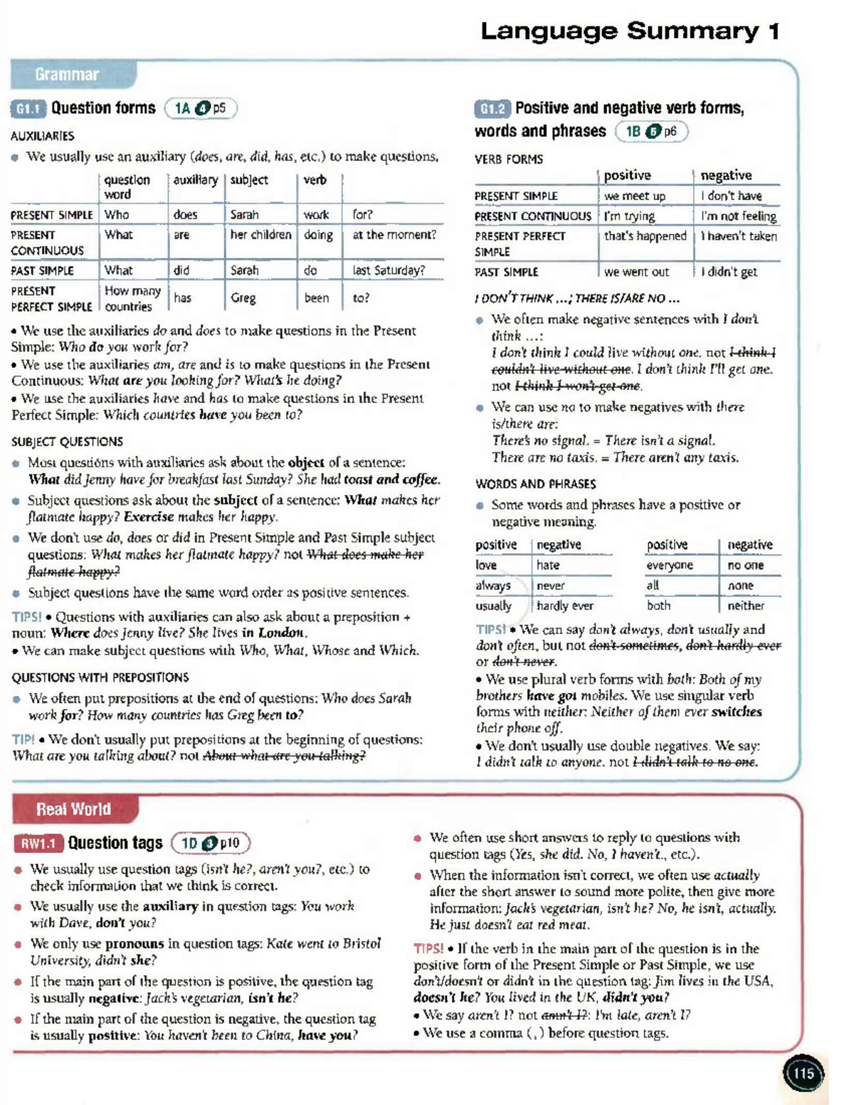 Question tags avanzado - Language Summary 1 Grammar G1 Question forms ...
