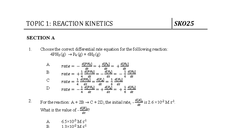 SKO25 Reaction Kinetics: Topic 1 Overview and Key Concepts - Studocu
