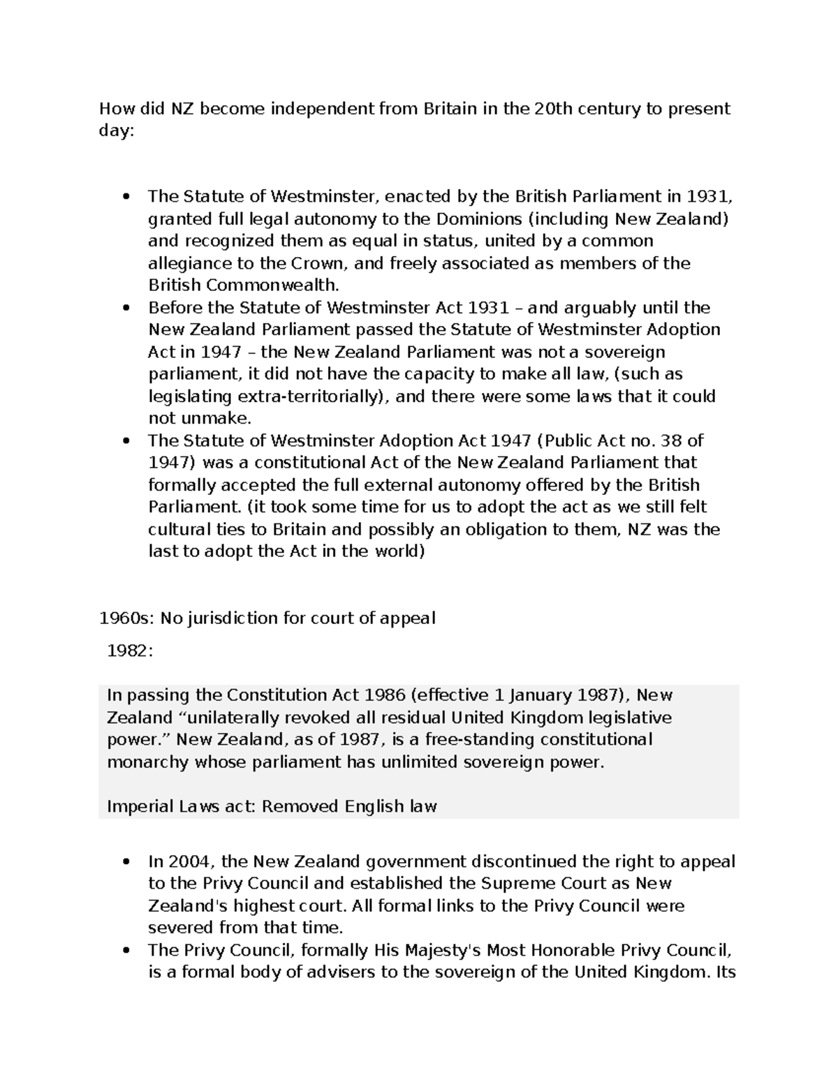 NZ Legal Independence: From Statute of Westminster to Modern Day - Studocu