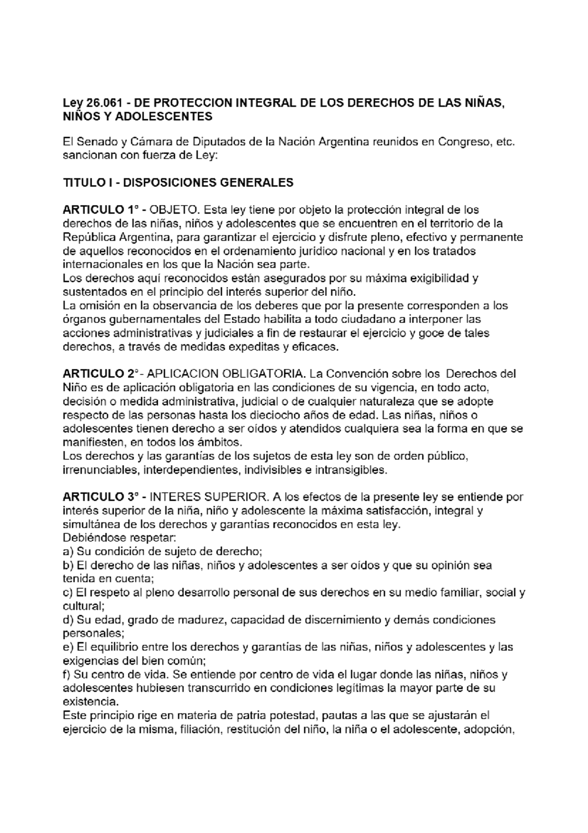 Ley 26.061 - Protección Integral de los Derechos de Niñas, Niños y ...