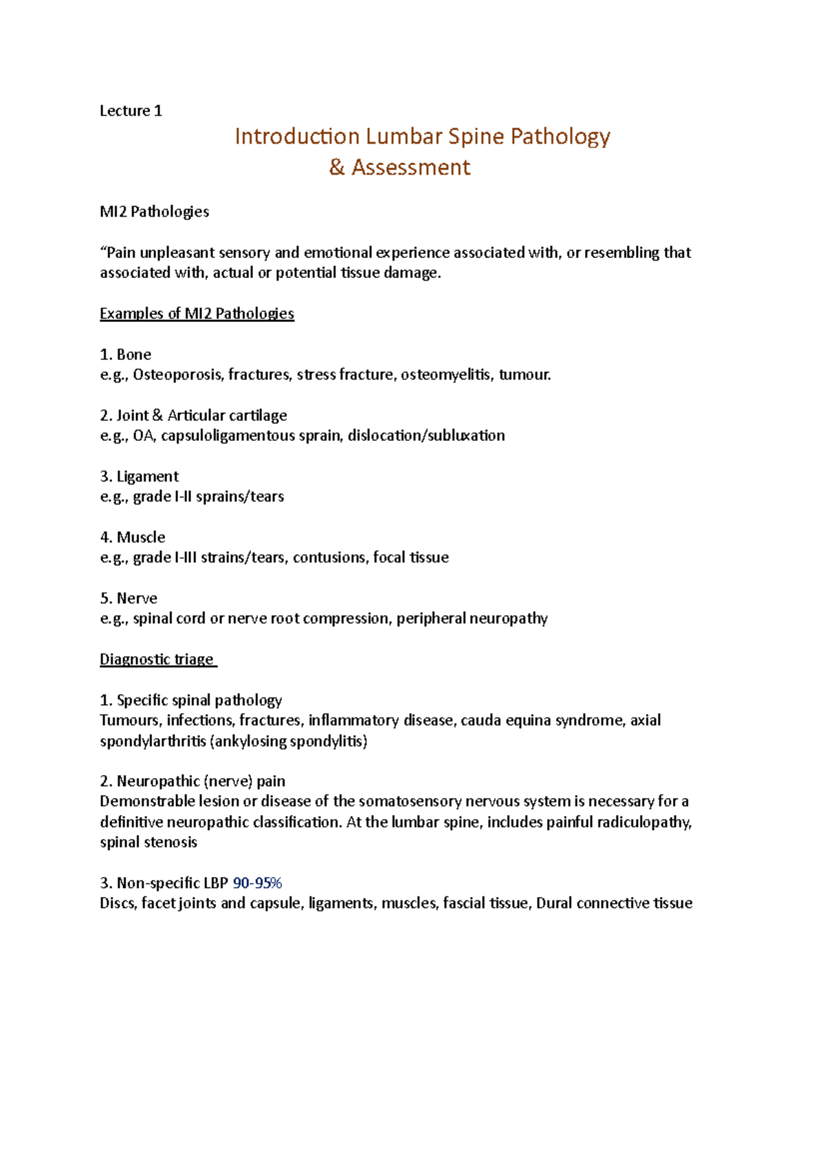 MI2 3rd Year 1st Sem Class Notes: Lumbar Spine Pathology & Treatment ...