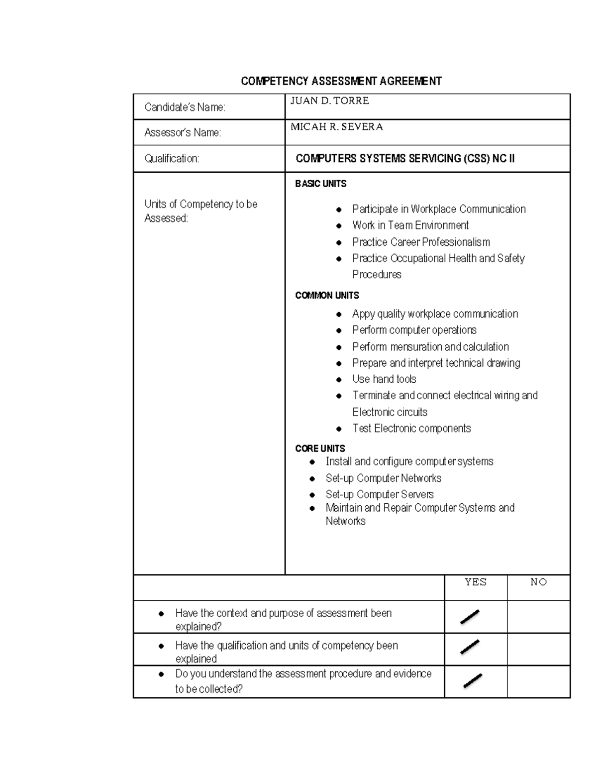 Sample Competency Assessment Agreement for CSS NC II - Studocu