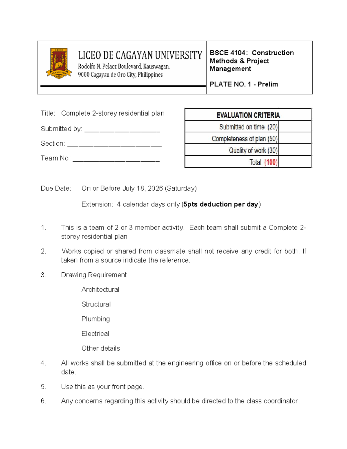 BSCE 4104: Construction Methods Project Management - Residential Plan ...