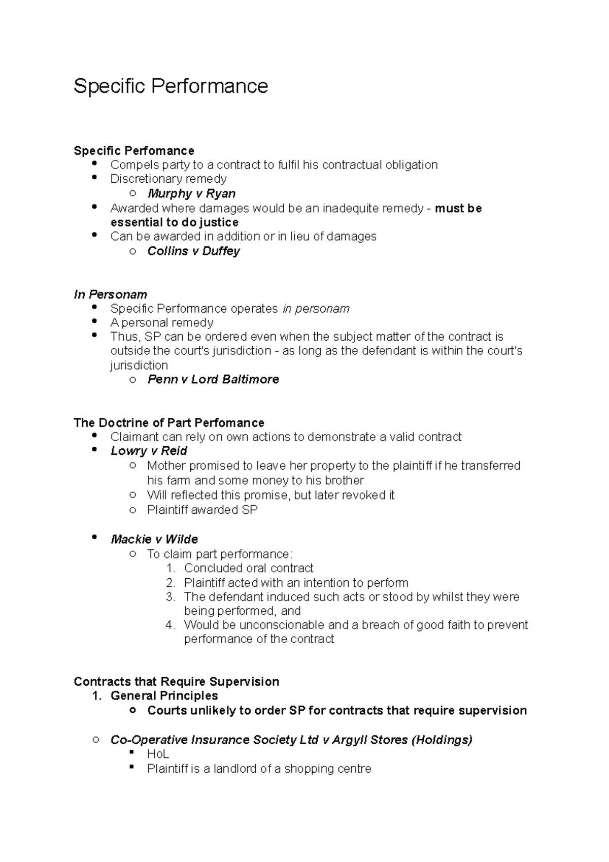 Specific Performance: Key Principles and Case Law Analysis - Studocu