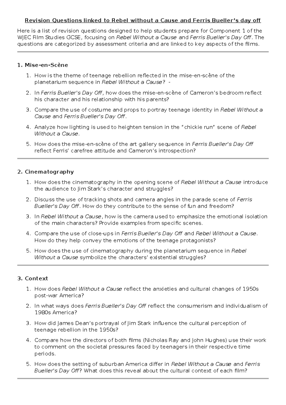 Revision Questions for WJEC Film Studies: Rebel Without a Cause ...