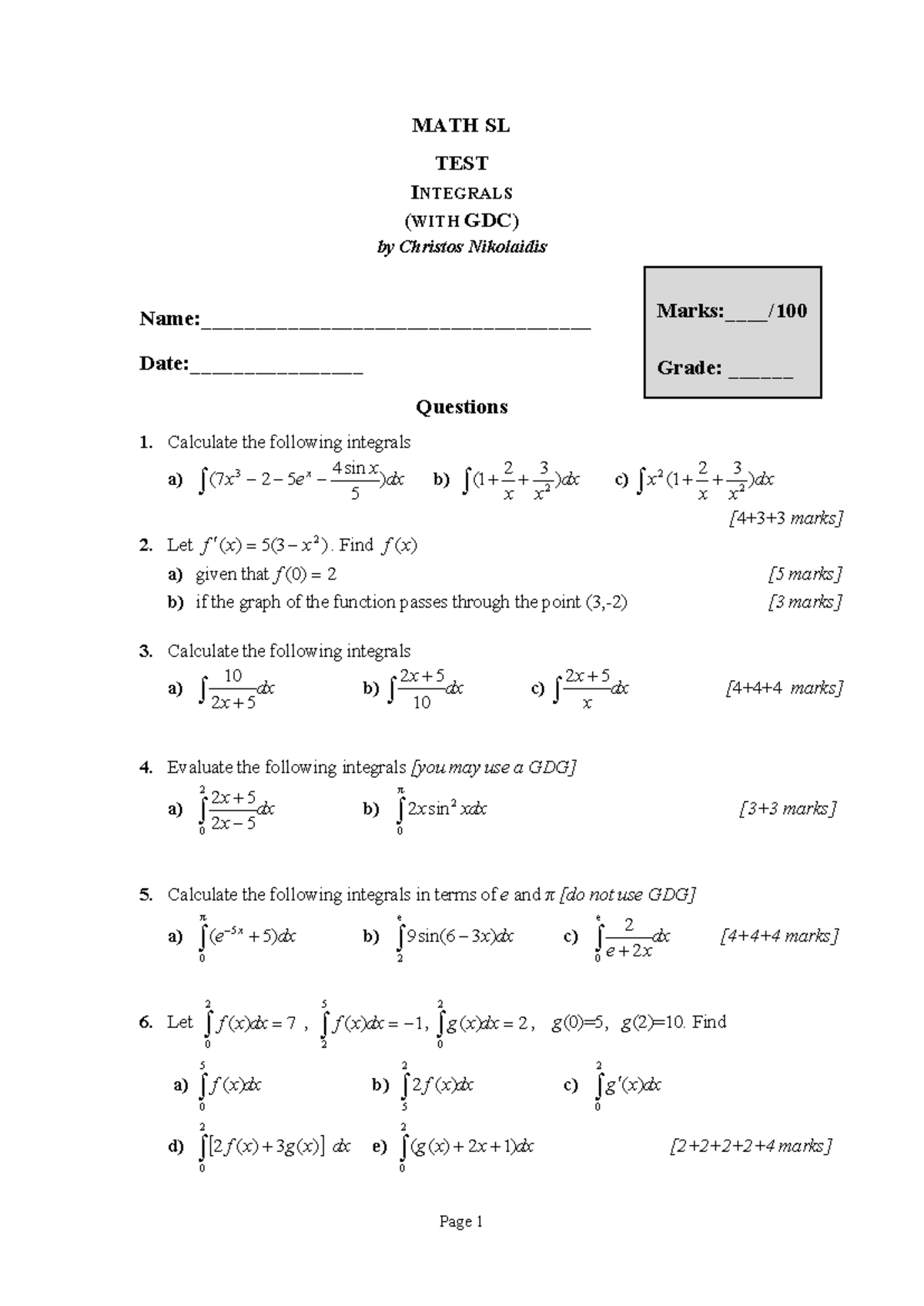 MATH SL TEST 1: INTEGRALS (WITH GDC) - Christos Nikolaidis - Studocu