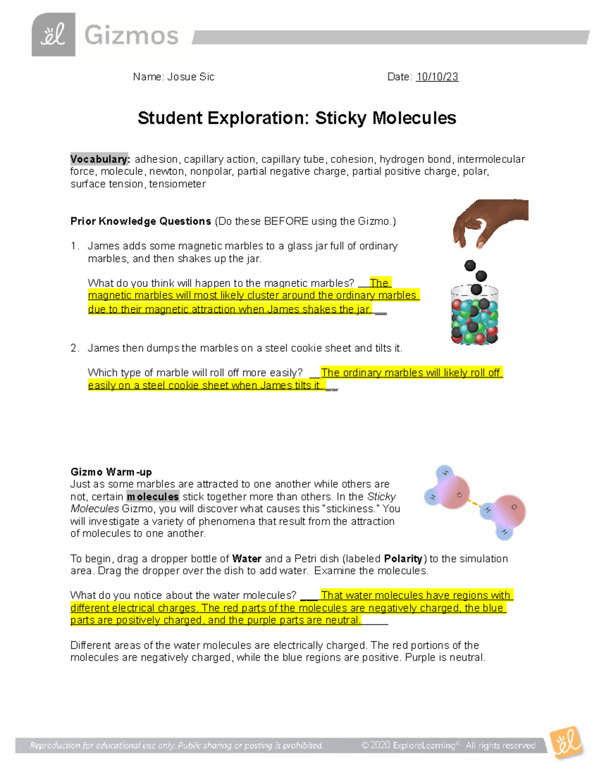 Sticky Molecules SE - Student Exploration Overview and Findings - Studocu