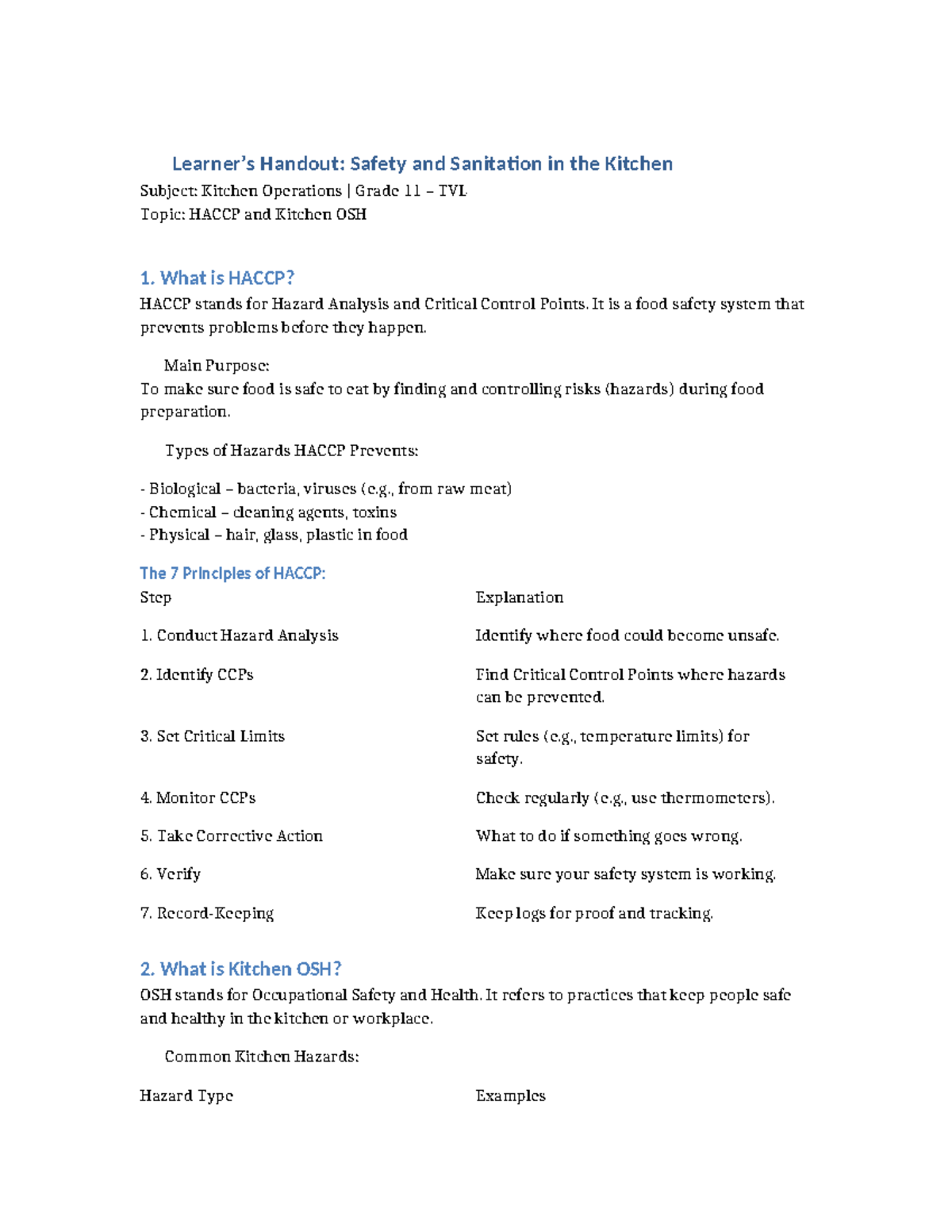 Grade 11 TVL Handout: HACCP & Kitchen OSH Safety Guide - Studocu