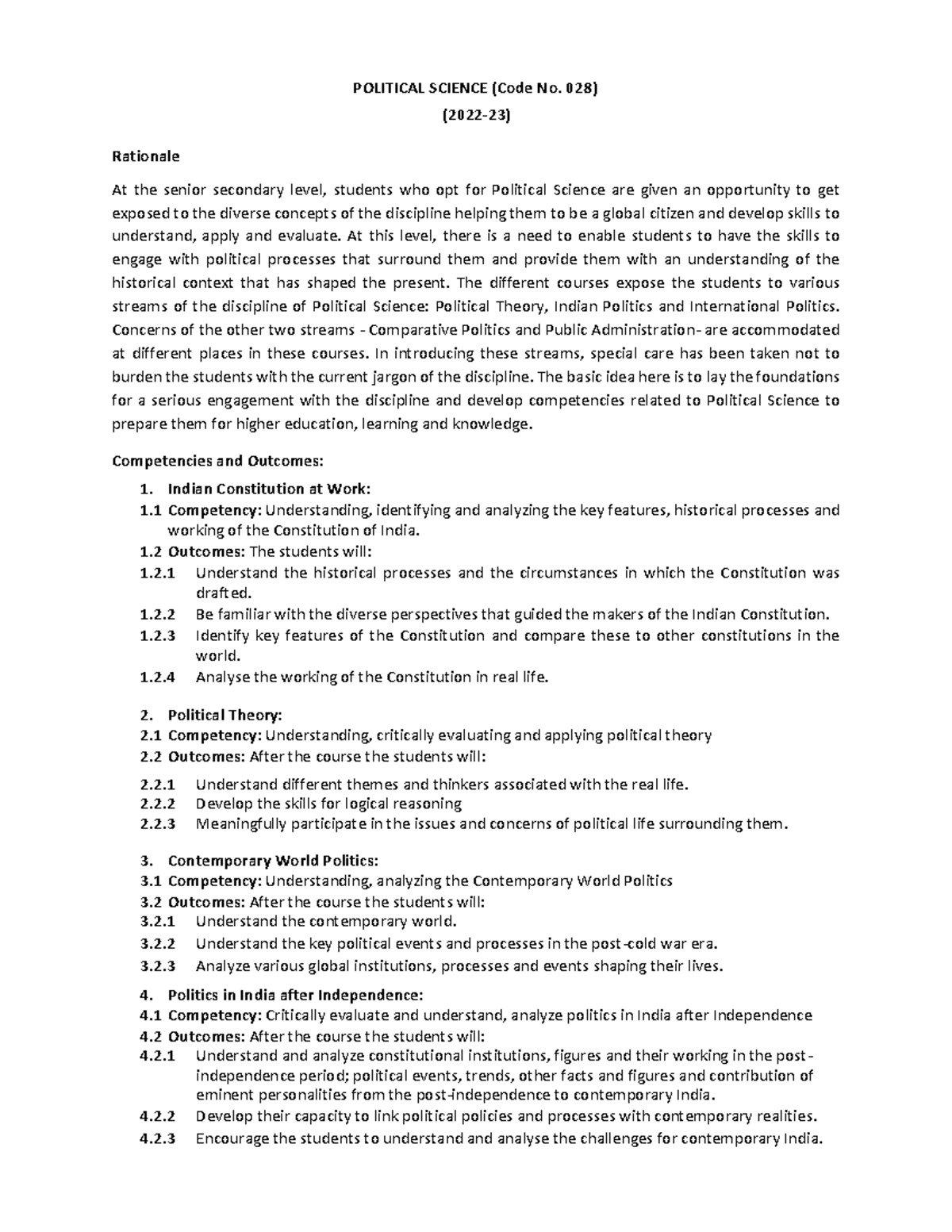 Political Science Class XI & XII Syllabus Overview (Code No. 028) - Studocu
