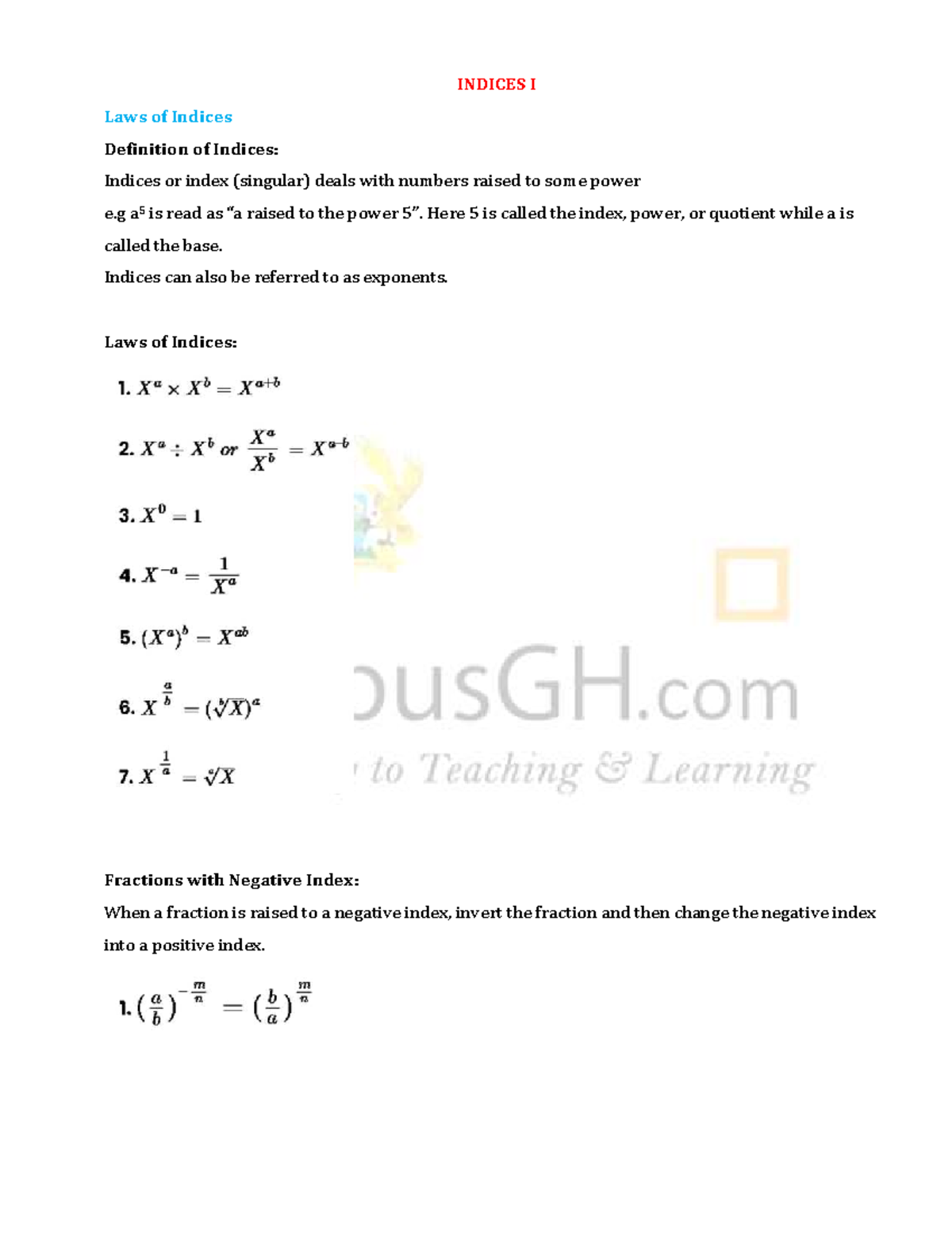 1.1.6 Indices I - Own notes - INDICES I Laws of Indices Definition of ...