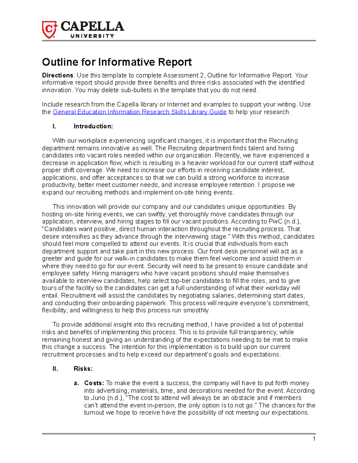 ENG-FPX1250 Informative Report Outline: Risks and Benefits of ...