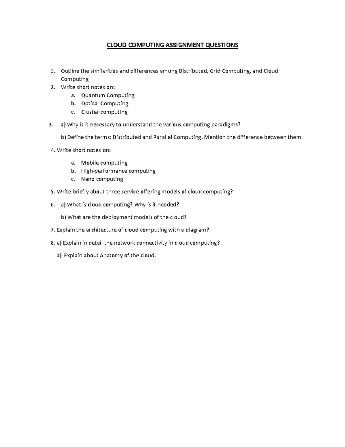 Cloud Computing Assignment Questions - Key Concepts and Models - Studocu
