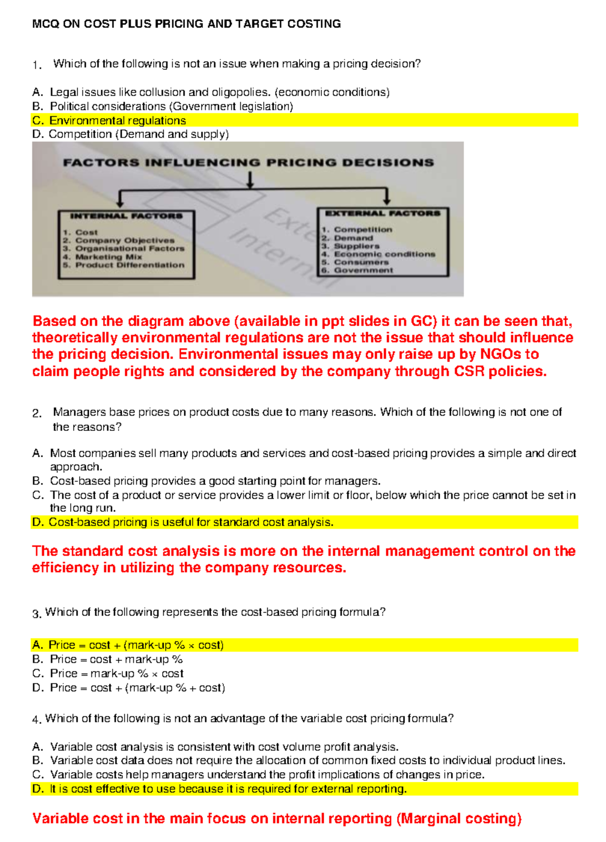 MCQ on COST PLUS Pricing and Target Costing (COST 101) - Studocu