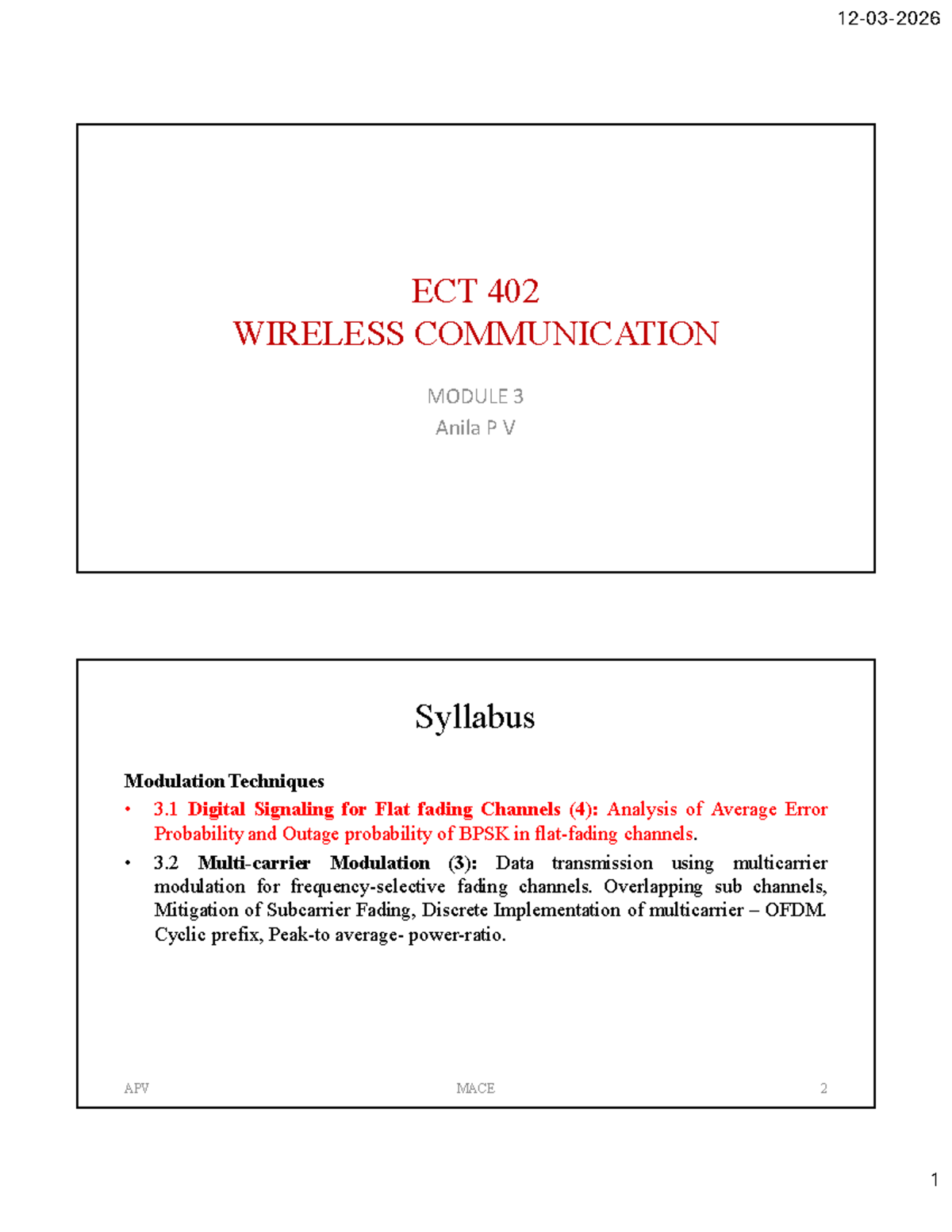 ECT 402 Wireless Communication Module 3: Modulation Techniques and ...