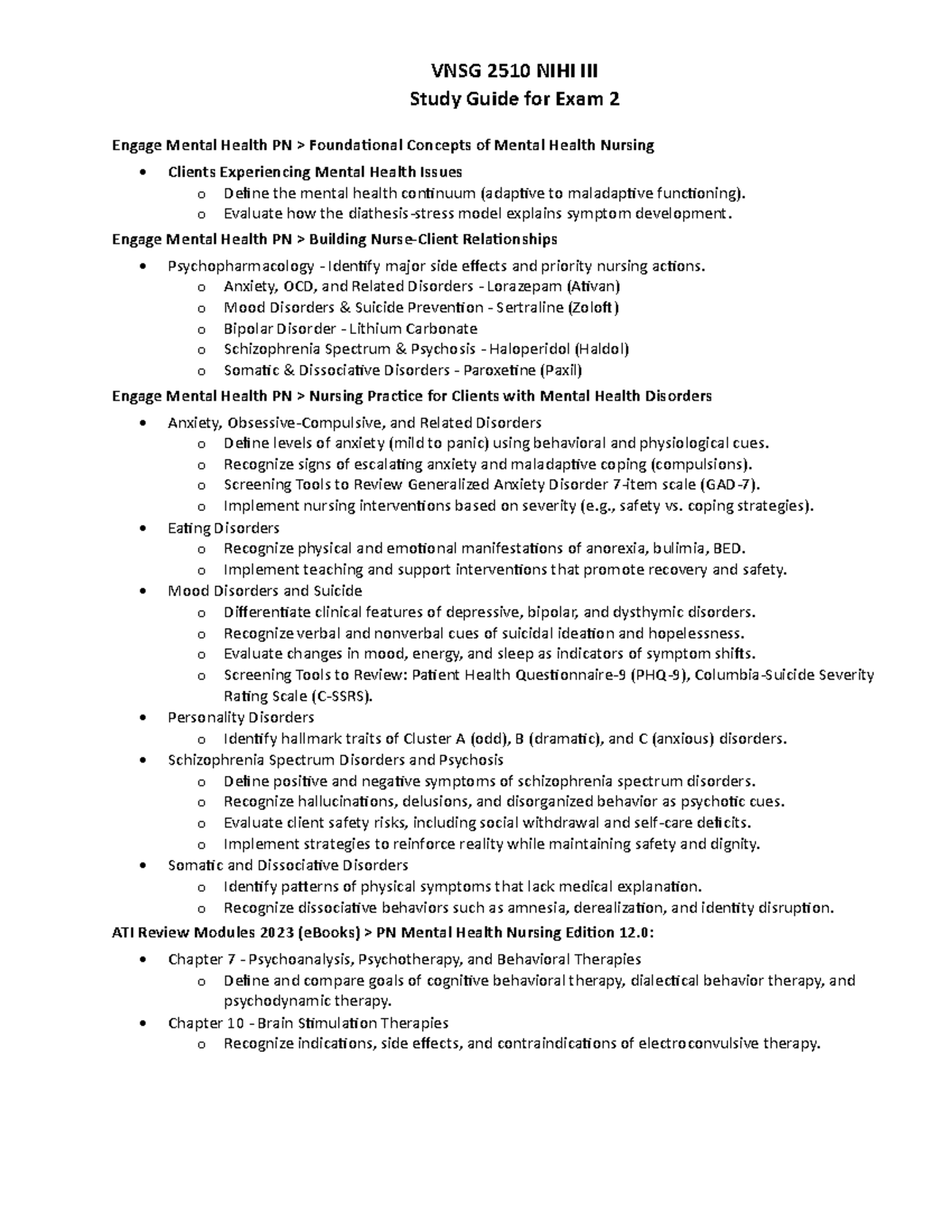 VNSG 2510 Final Exam Study Guide: Key Concepts in Mental Health Nursing ...