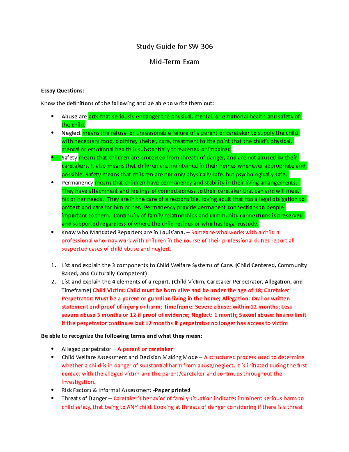 SW 306 Mid-Term Exam Study Guide: Key Concepts & Definitions - Studocu