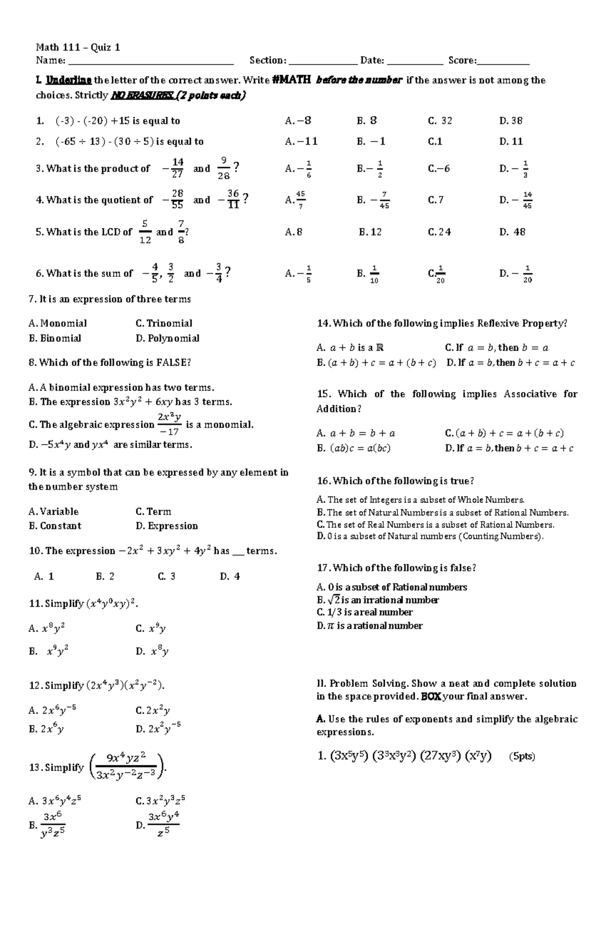 Math Quiz 1 - LONG-EXAM-1: Algebra and Expressions - Studocu