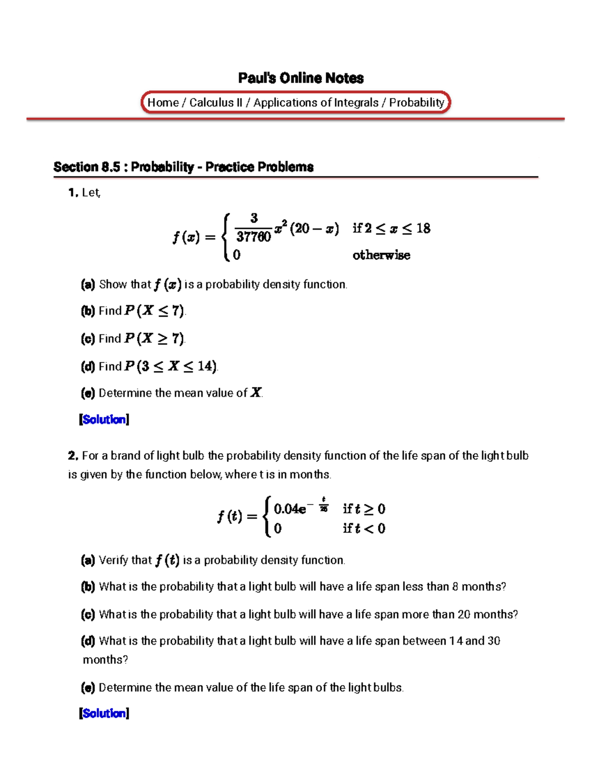 Calculus II - Probability Practice Problems & Solutions - Studocu