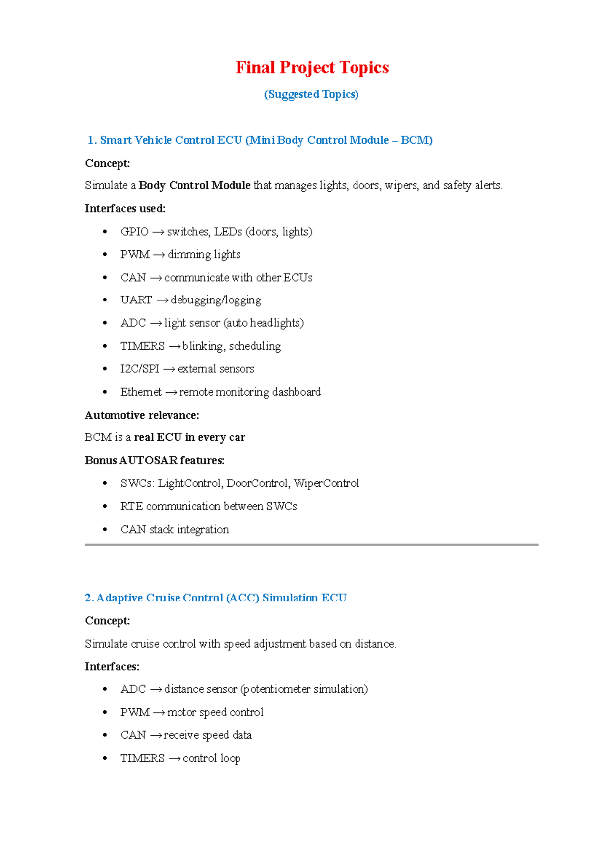 Embedded System Final Project Topics (ECU Concepts) - Studocu