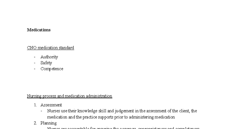 CNO Med Admin Standards: Safety, Competence & Nursing Process - Studocu