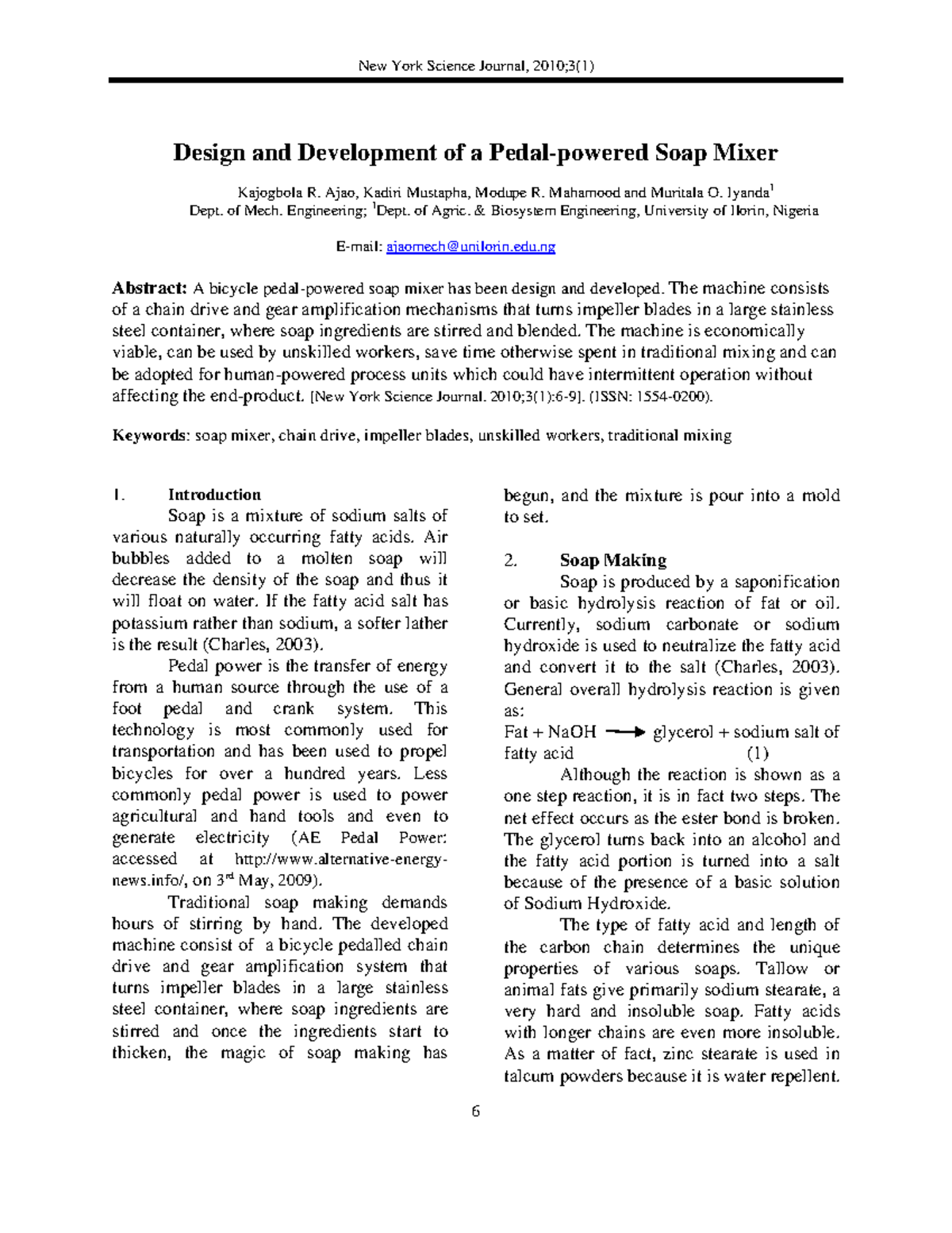 Design and Development of a Bicycle-Powered Soap Mixer (ME 02 0933 ...