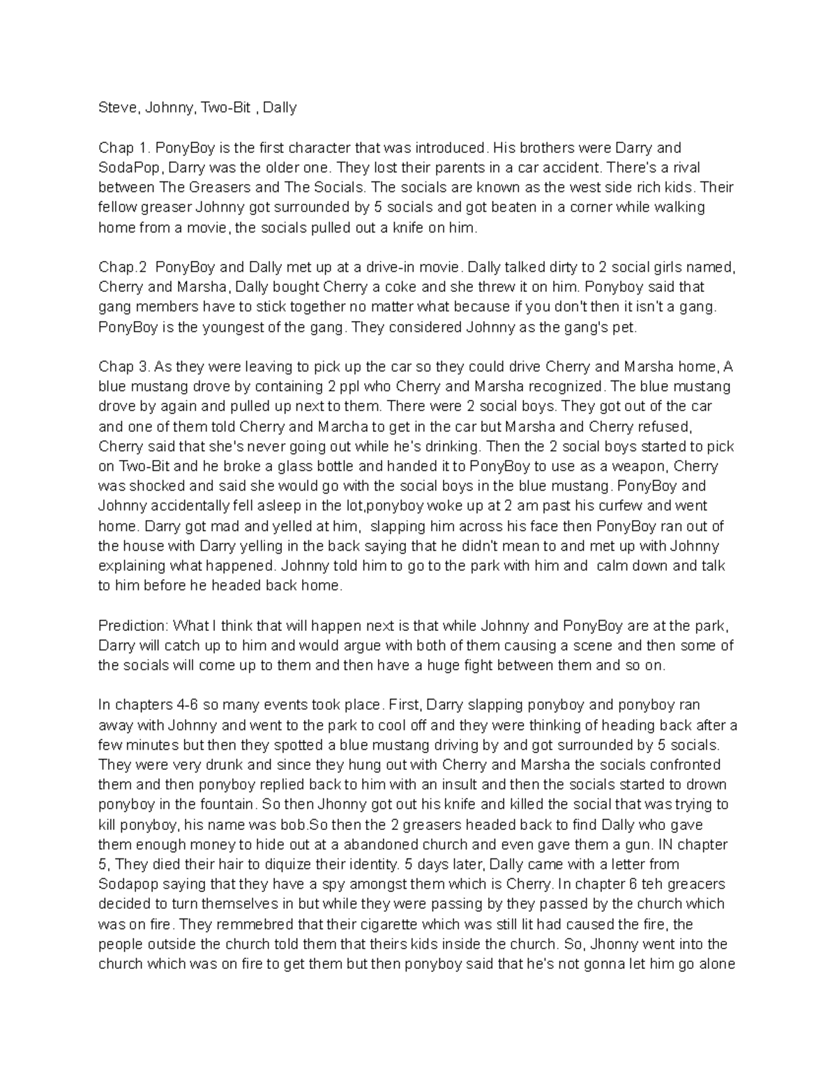 Chapter Summaries and Predictions for The Outsiders (ENG 101) - Studocu