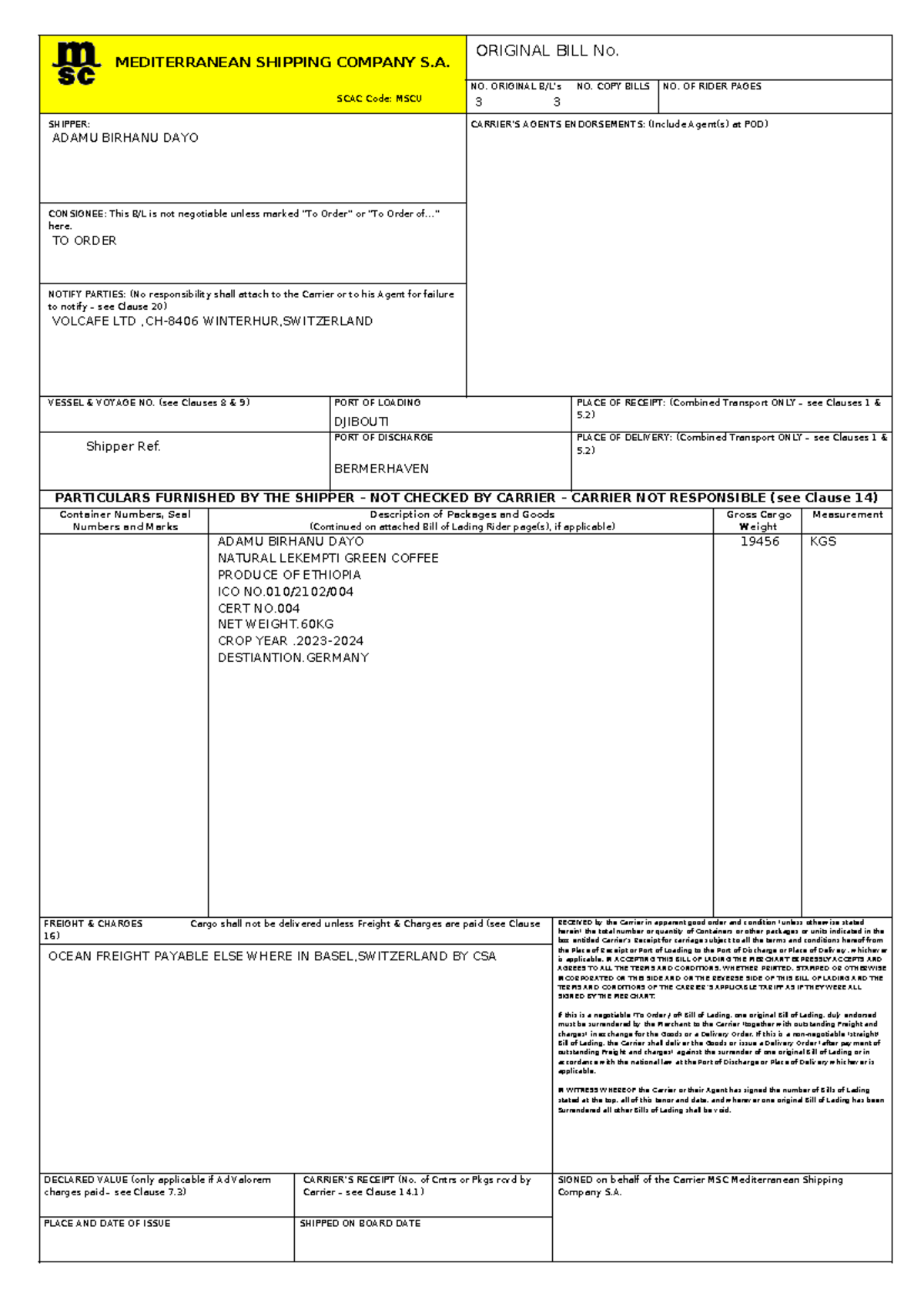 Msc Shipping Bill Of Lading