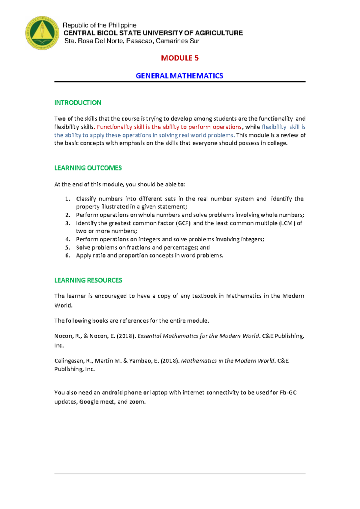 CBUAG 5: General Mathematics Module 5 - Real Numbers & Operations - Studocu