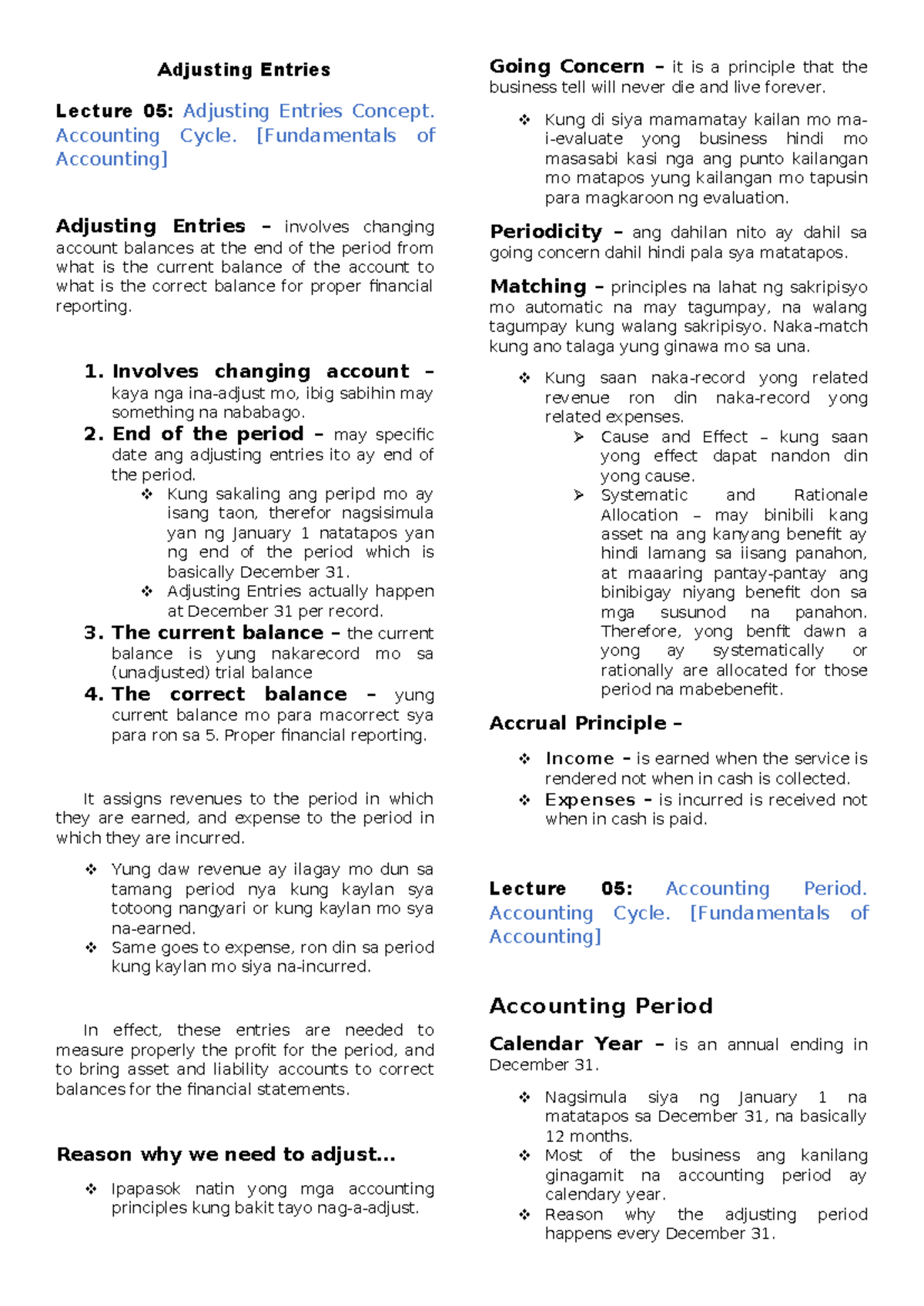 Adjusting Entries Lecture 05: Concepts and Accounting Cycle - Studocu