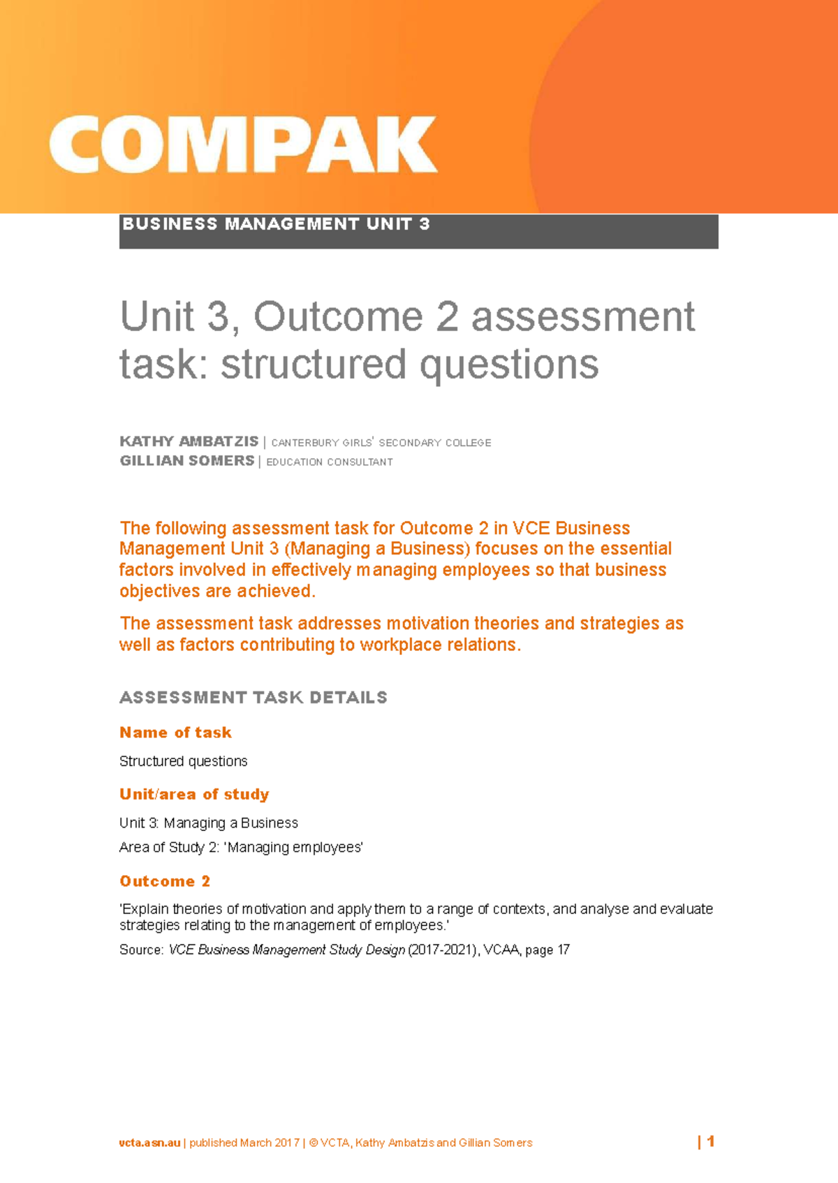 2017 Final SAC U3 Ao S2 - Practice SAC - BUSINESS MANAGEMENT UNIT 3 ...