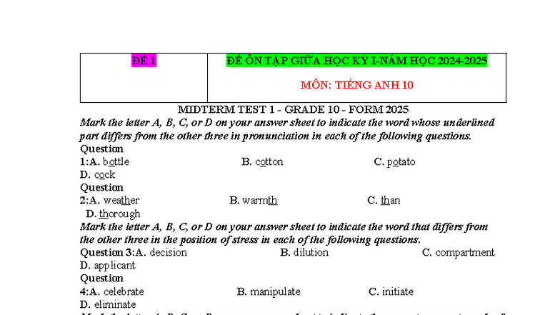 ĐỀ 1 - ÔN TẬP GIỮA HỌC KỲ TIẾNG ANH 10 MIDTERM TEST 1 - Studocu