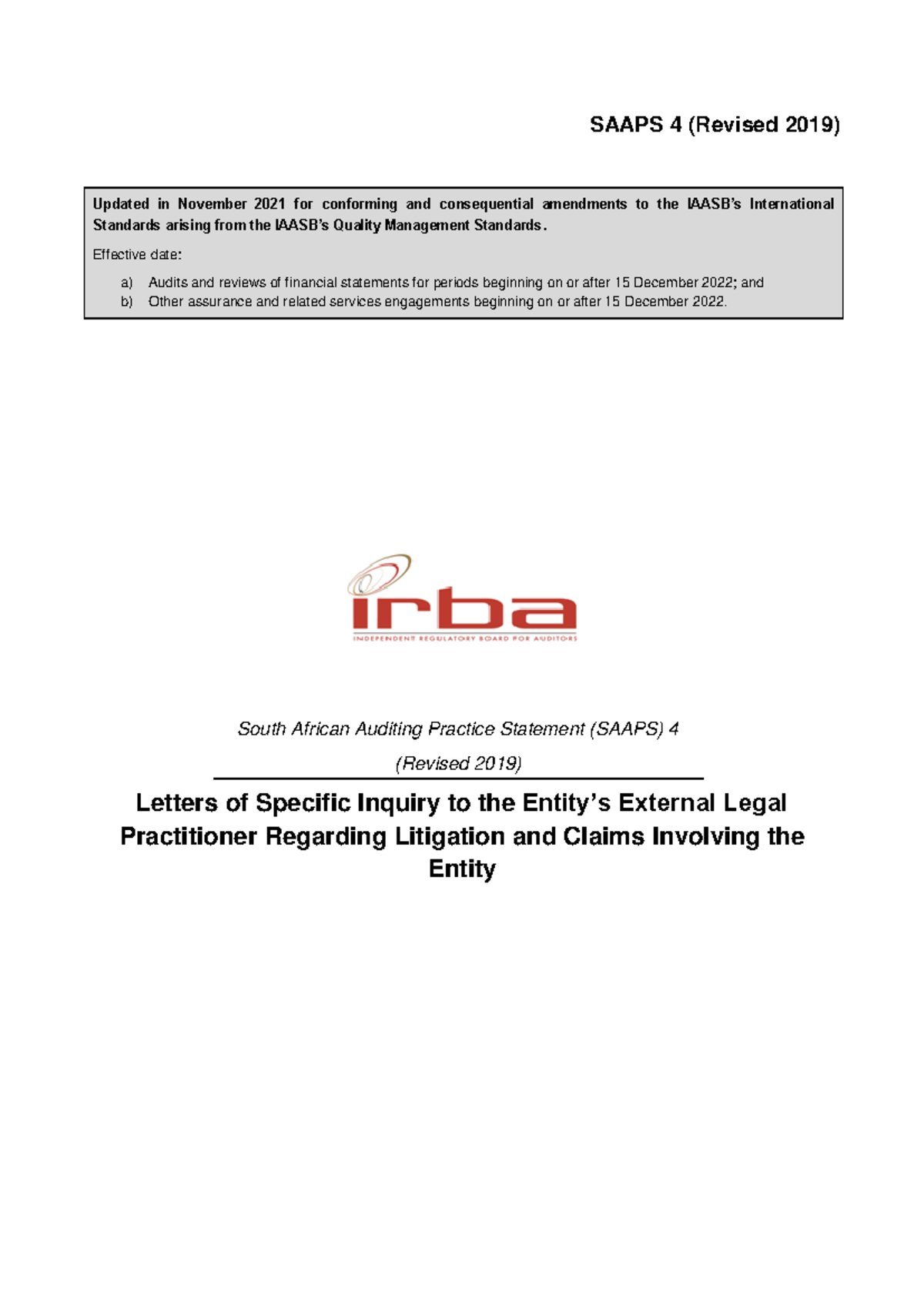 SAAPS 4 (Revised 2019): Letters of Inquiry to External Legal ...