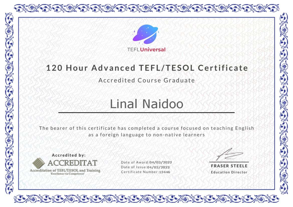 13446 120 Hour TEFL Certificate Linal Naidoo - TEFLUniversal 120 Hour ...