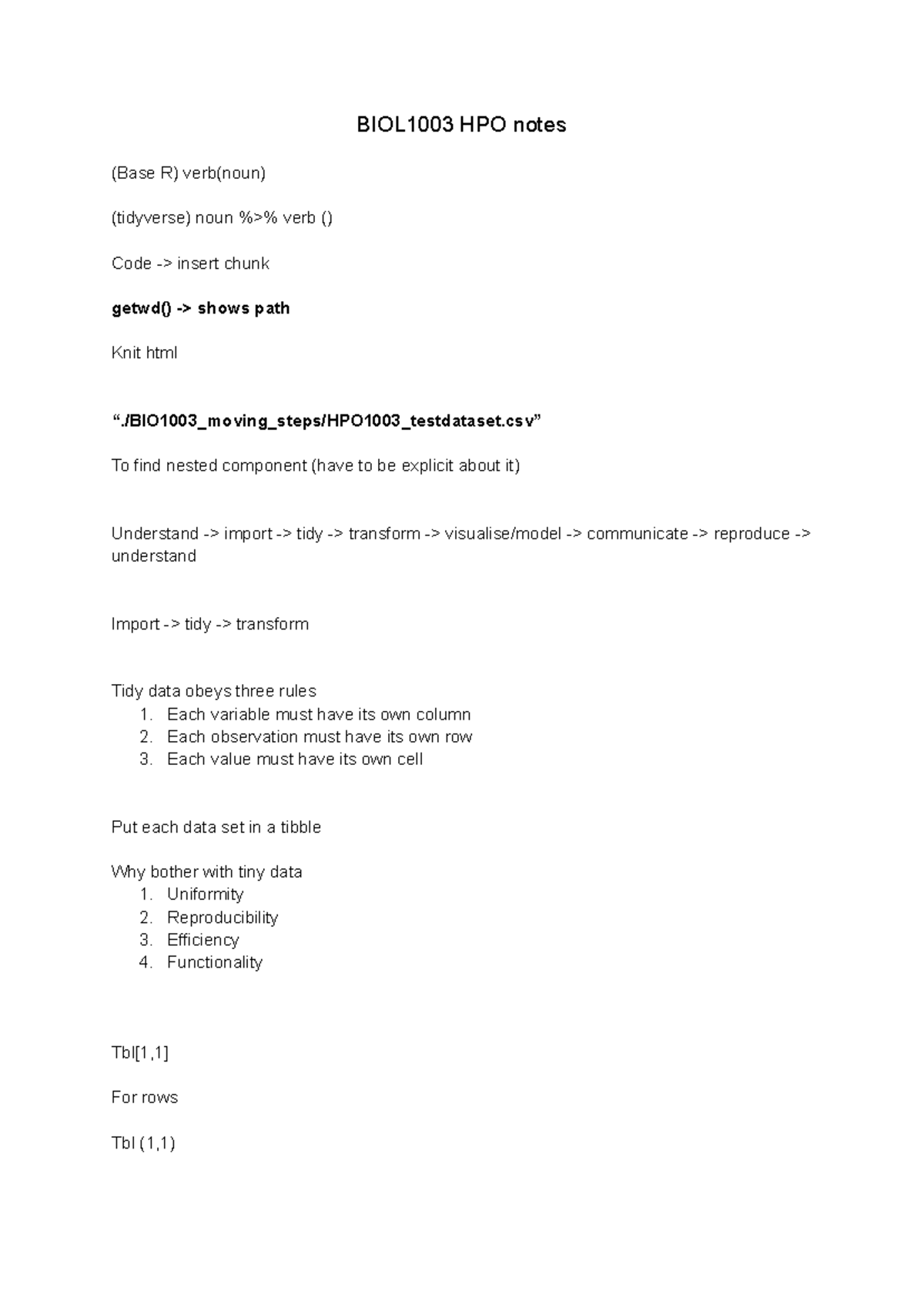 BIOL1003 HPO Notes: Tidy Data Principles and R Code Insights - Studocu