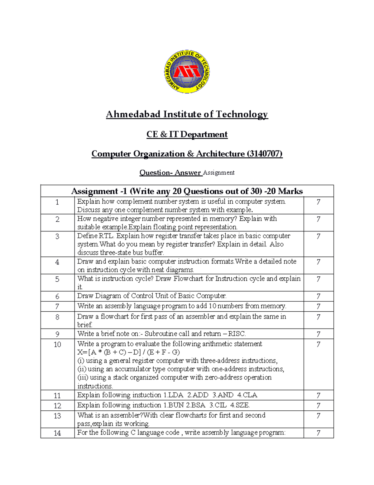 coa assignment 1 - Ahmedabad Institute of Technology CE & IT Department ...
