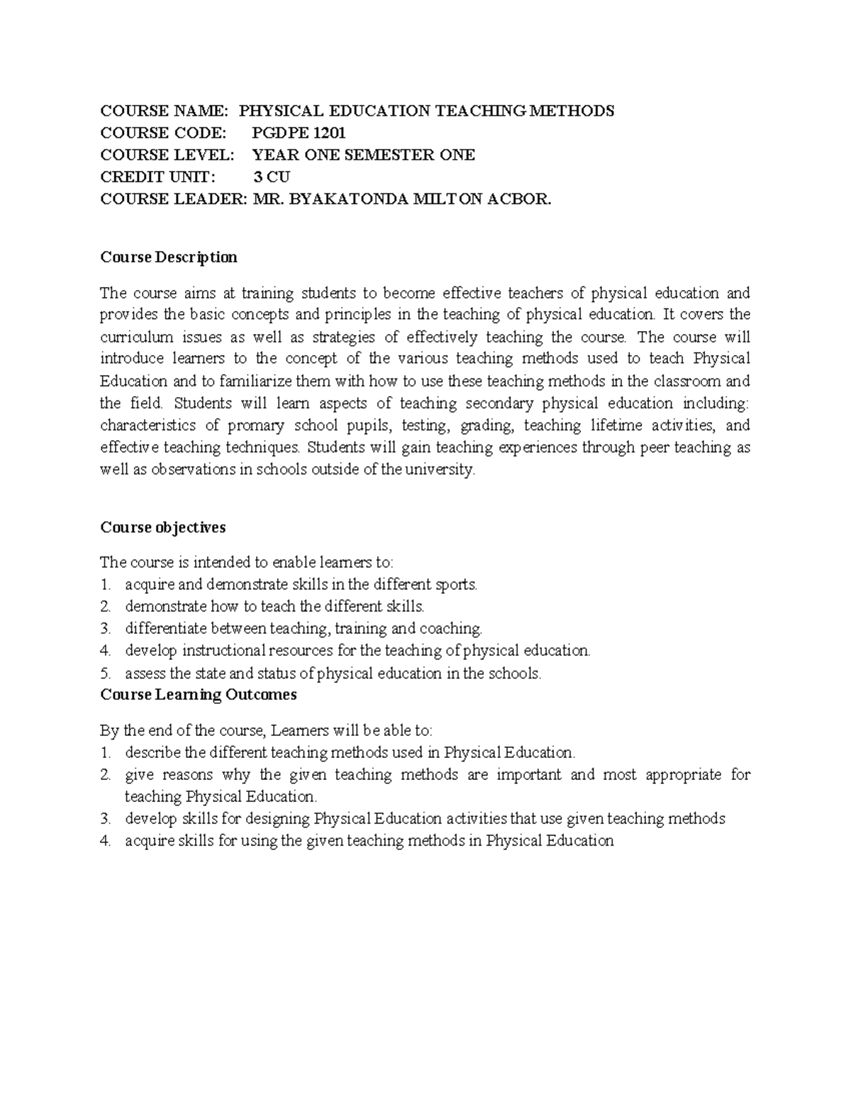 PE PGD 1201 - Teaching Methods in Physical Education Course Outline ...