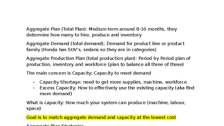 MOS 3330 - Lecture 3: Aggregate Planning and Capacity Management - Studocu