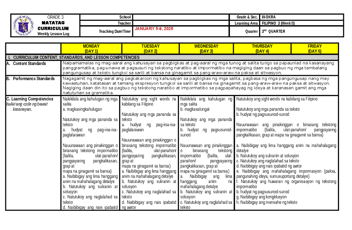 Q3G3 Filipino 3 Week 8 Lesson Plan: Matatag Curriculum - Studocu