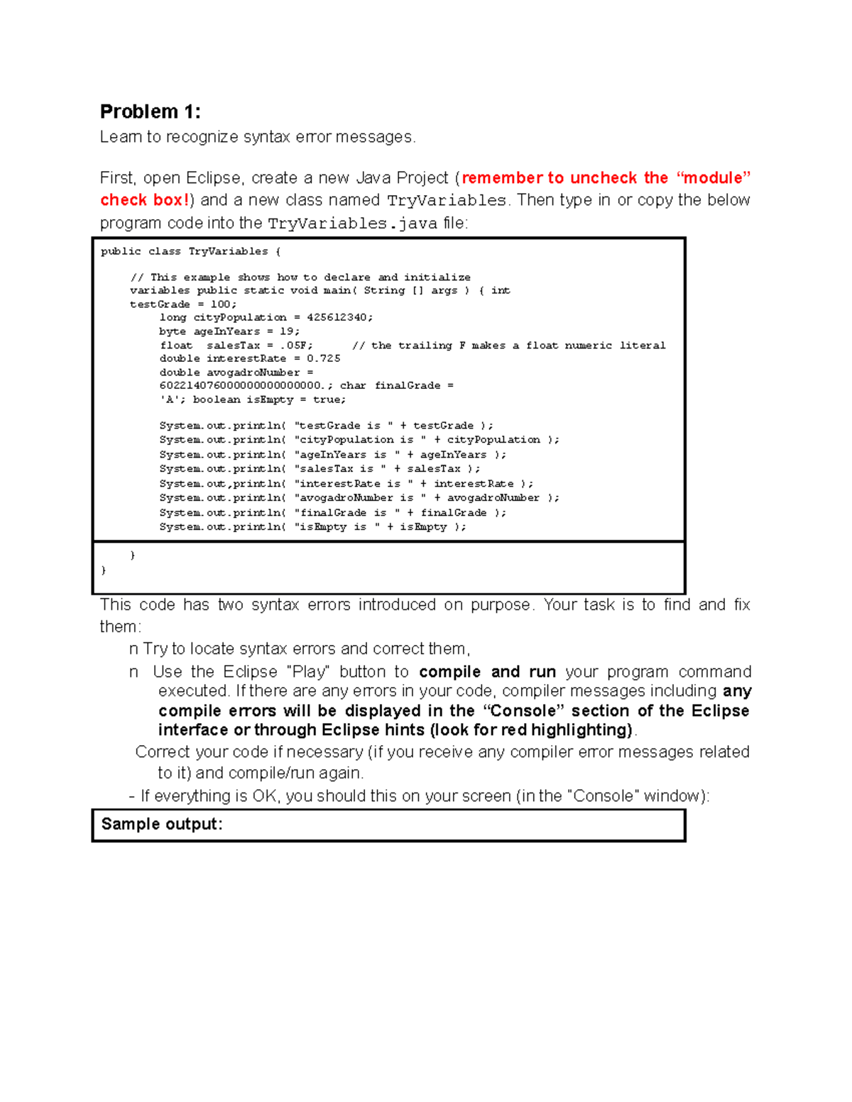 Java Project Syntax Errors - Problem 1 (3) Solved in Eclipse - Studocu